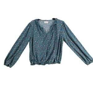Melloday Womens Floral Ruffle V-Neck Elastic Hem Blouse Teal Blue CET214687-TM M